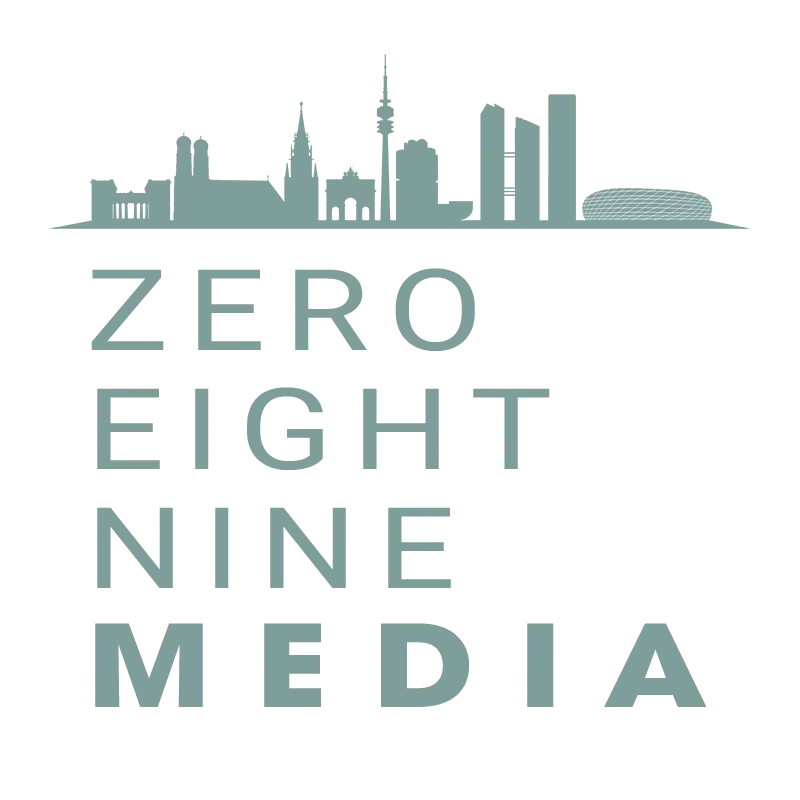 Logo von Zero Eight Nine Media - München-Silhouette und ausgeschrieben Wörter Zero Eight Nine Media